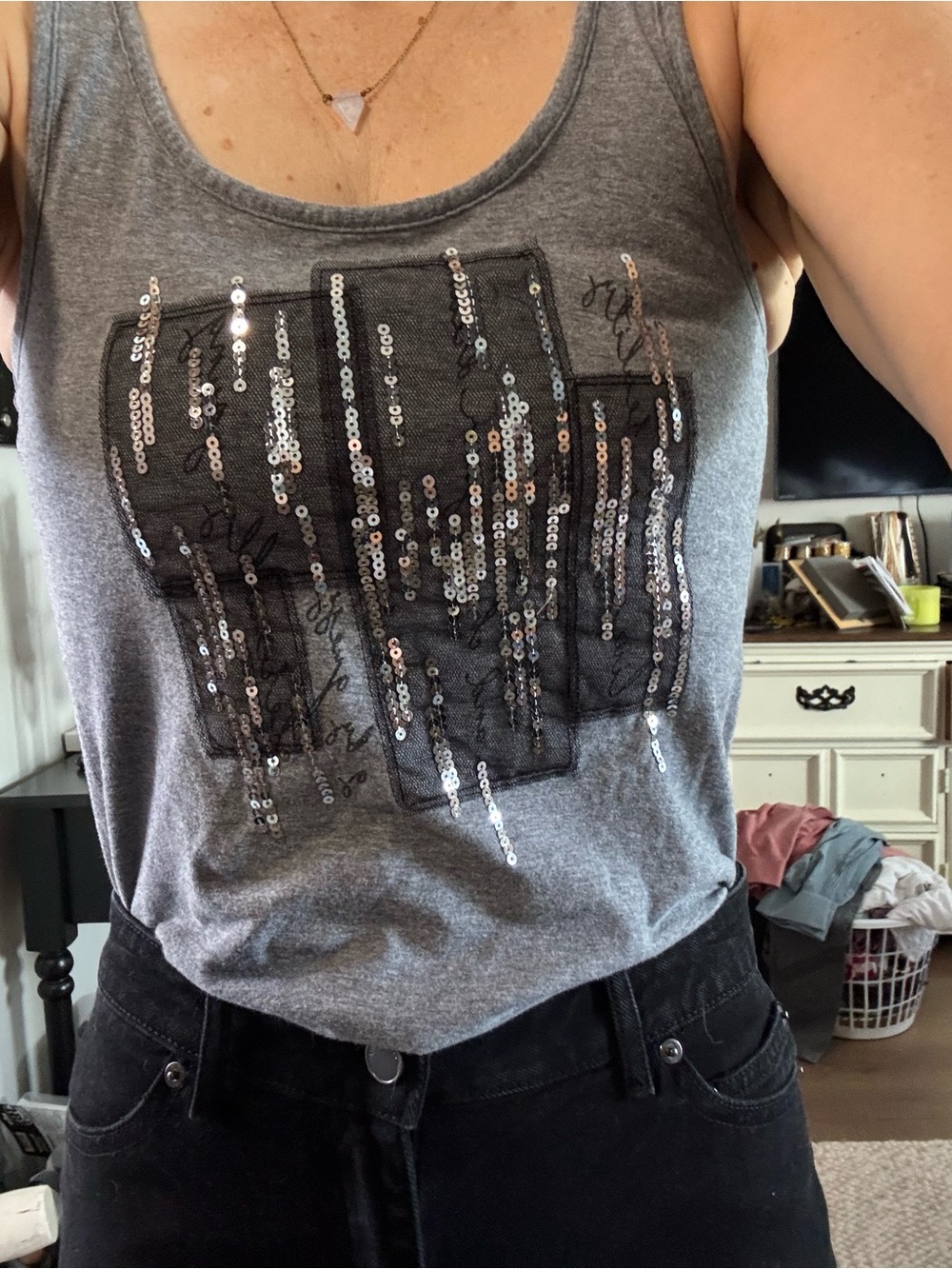Guess Gray Tank with Black Mesh and Silver Sequin Detail